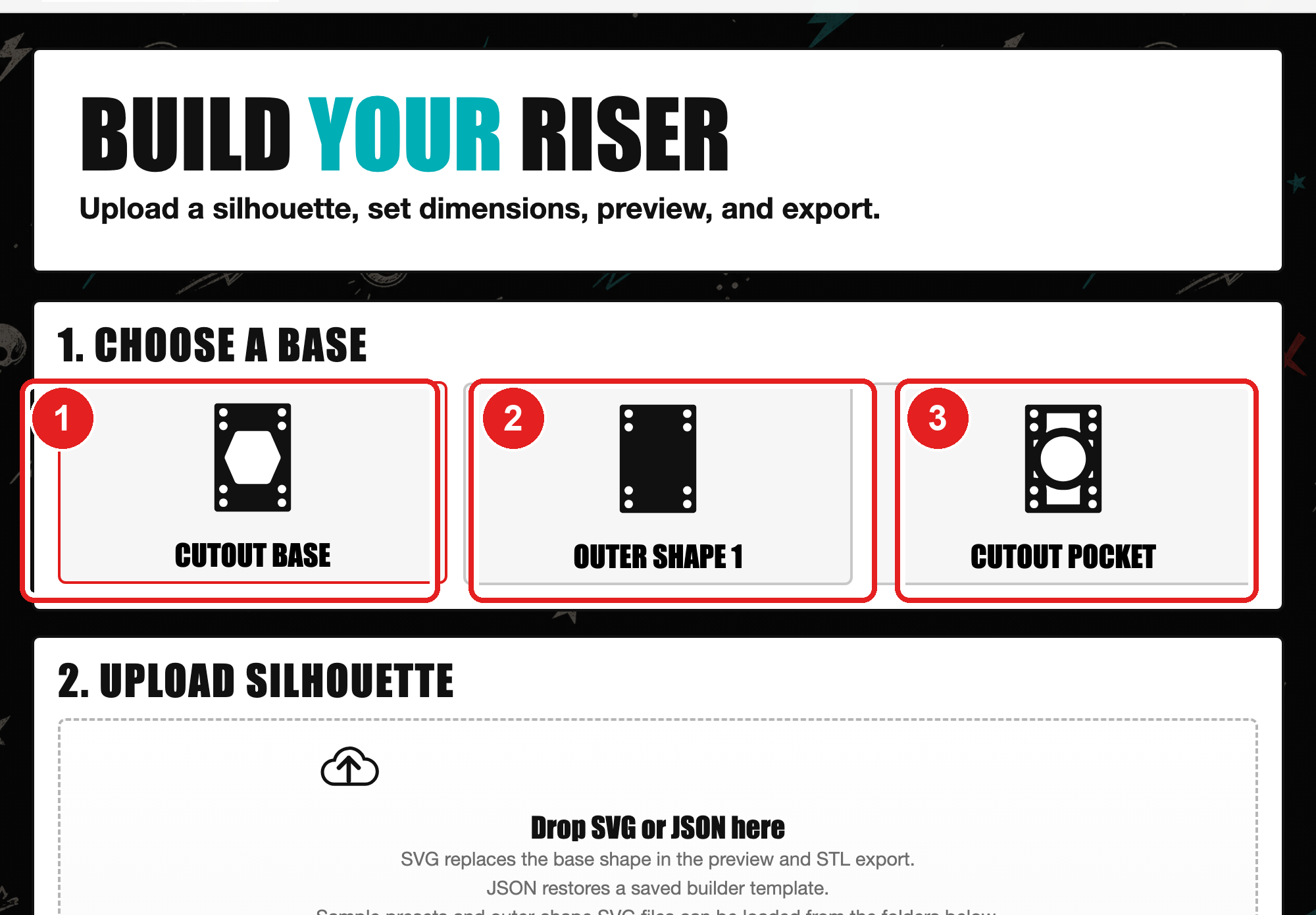 RISER 3D builder: three base shape options — Cutout Base, Outer Shape 1, Cutout Pocket — with Upload Silhouette panel below