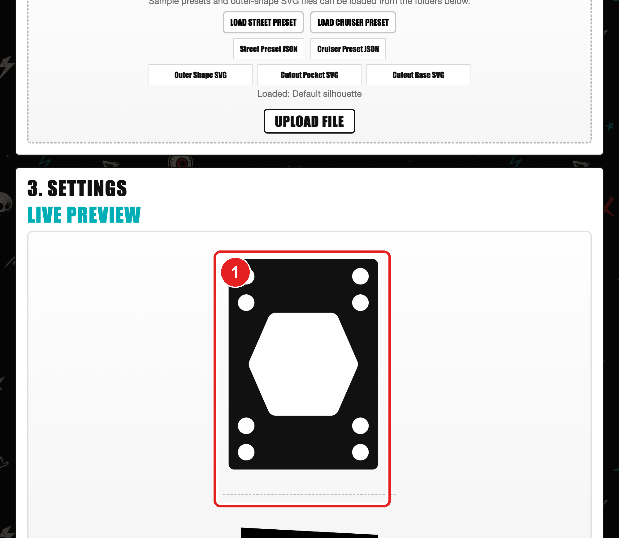 RISER 3D builder: Settings panel on the left with unit toggle and sliders, and a live SVG preview of the riser pad shape on the right