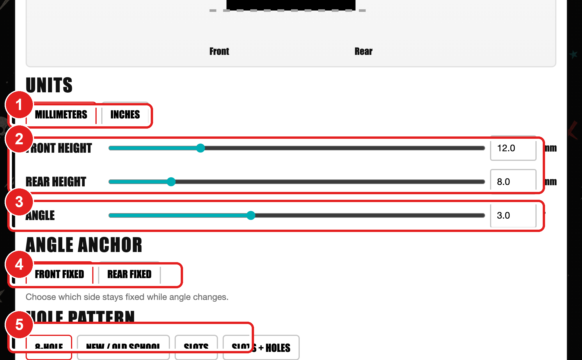 RISER 3D builder settings: unit toggle (mm/in), Front Height 12mm, Rear Height 8mm sliders, Angle 3 degrees, Angle Anchor selector, Hole Pattern dropdown