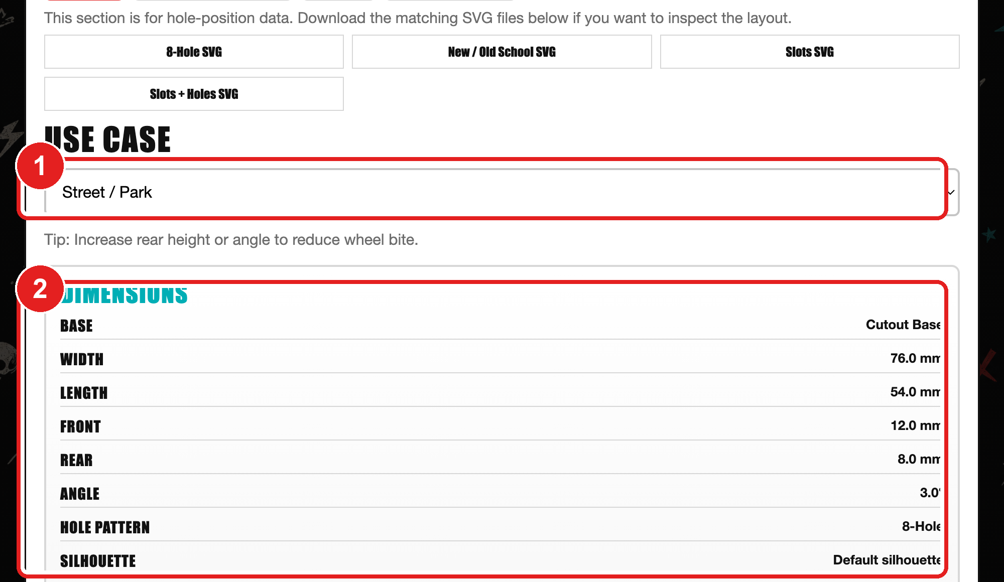 RISER 3D builder: Use Case dropdown and Dimensions summary table showing BASE width, LENGTH, FRONT height, REAR height, ANGLE, HOLE PATTERN, and SILHOUETTE values