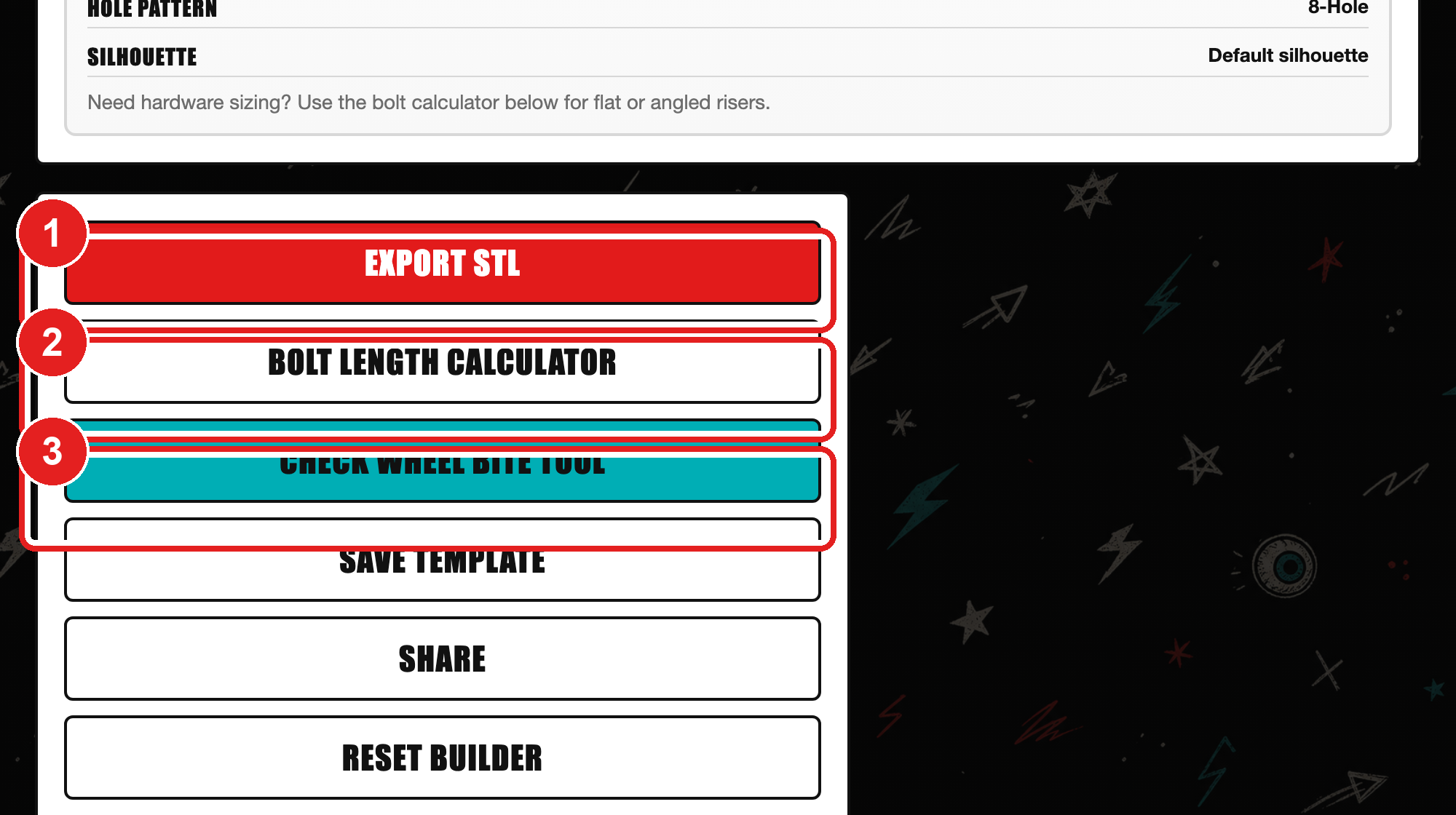 RISER 3D builder action buttons: EXPORT STL in red, BOLT LENGTH CALCULATOR, CHECK WHEEL BITE TOOL in teal, SAVE TEMPLATE, SHARE, RESET BUILDER